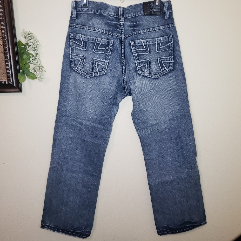 EUC 32x29 Men's Distressed Baileys Point Black Relaxed Bootcut Jeans Blue Denim